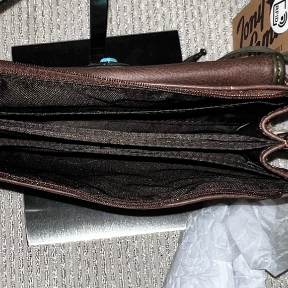 TONY LAMA MEGA WALLET (RFID) ON ADJ STRAP BROWN WITH CONCHO & Turquoise Accent - Picture 16 of 16